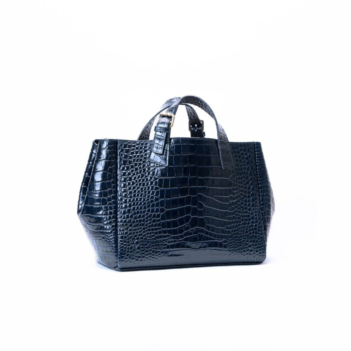 A structured black crocodile-embossed leather handbag with dual top handles, photographed against a seamless white background.