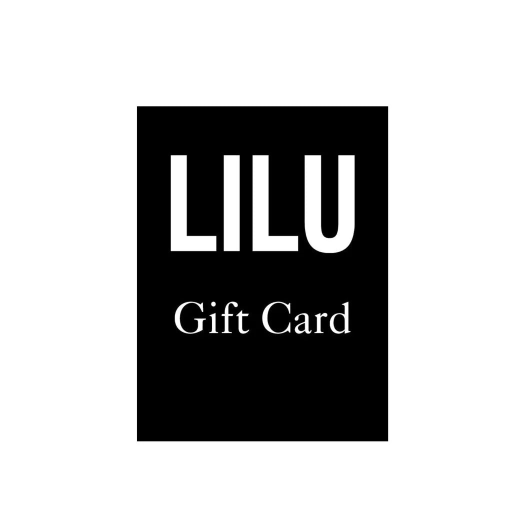 LILU gift card with black background and white text