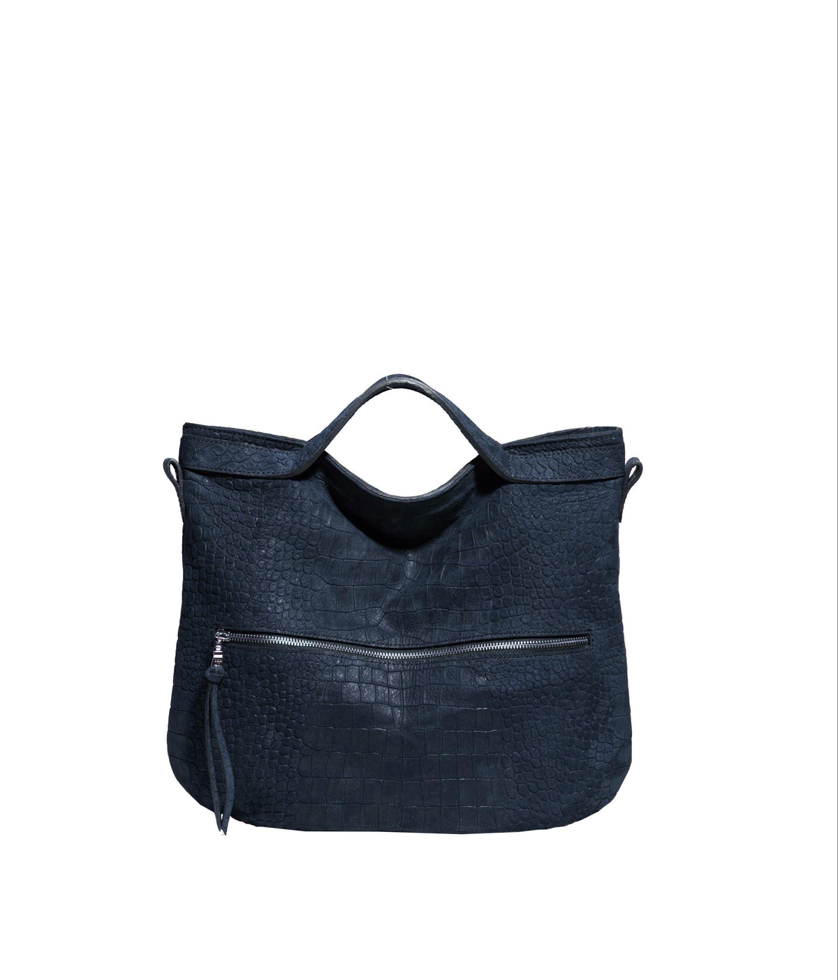 A dark navy blue textured leather handbag with a top handle and a horizontal front zipper pocket, shown against a plain white background.