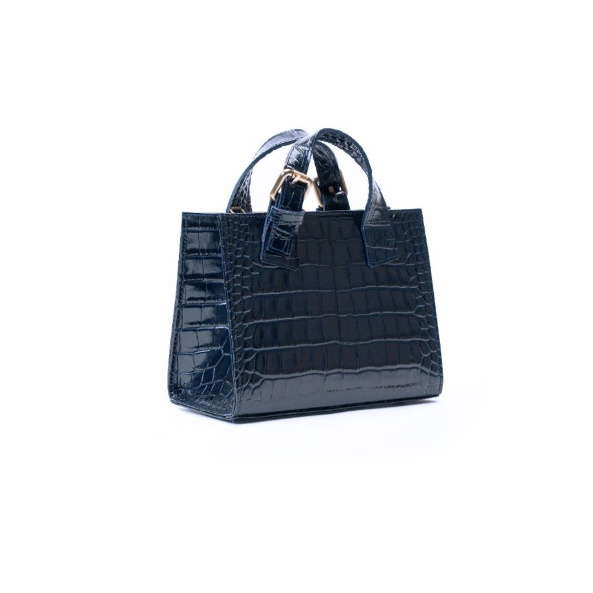 A dark navy blue crocodile-embossed leather handbag with double top handles and gold-tone hardware, shown against a plain white background.