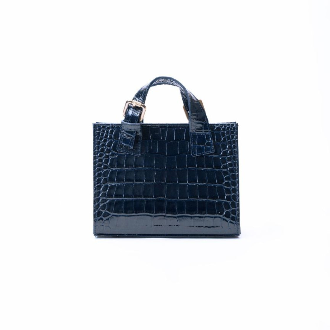 A navy blue crocodile-embossed leather handbag with top handles and a silver-tone buckle, centered on a plain white background.