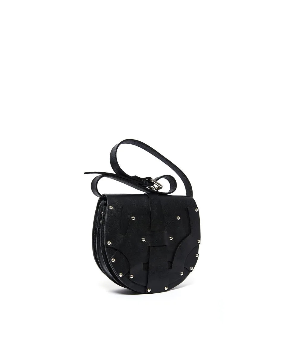 Black handbag with studded details on a white background