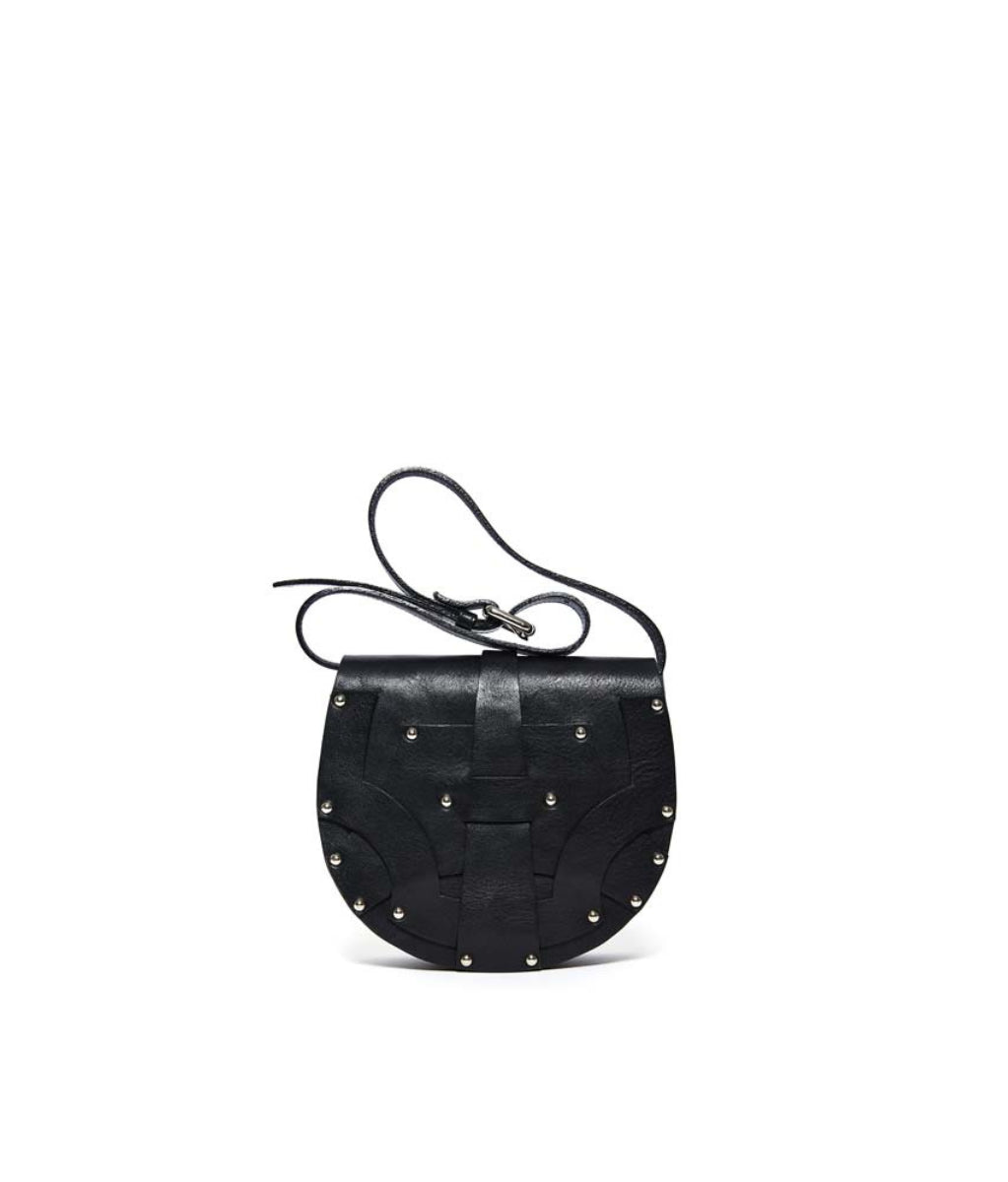 Black leather handbag with studs on a white background